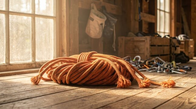 Coiled orange climbing rope rests on a rustic wooden floor bathed in warm golden light creative design image
