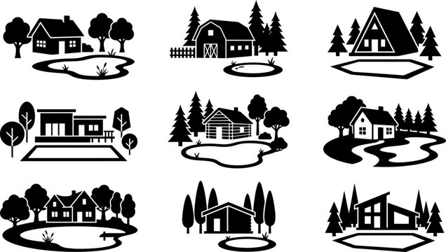 Diverse set of black house and tree icons featuring water ponds and fish symbols isolated on transparent background.
