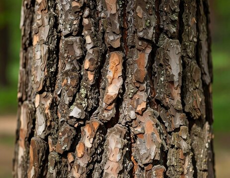 Close-up of a tree trunk with rough, textured bark in various shades of brown and orange, set against a blurred green backdrop