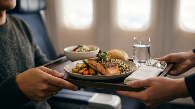 Passenger receiving in flight meal from cabin crew hands
