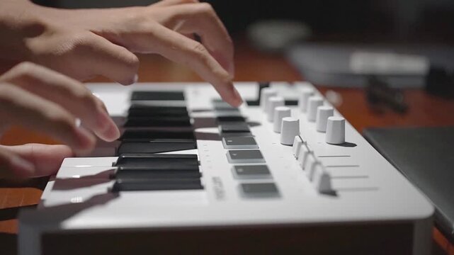 Close Up View of Musician Hands Playing and Composing Music on a White Mini MIDI Keyboard Controller