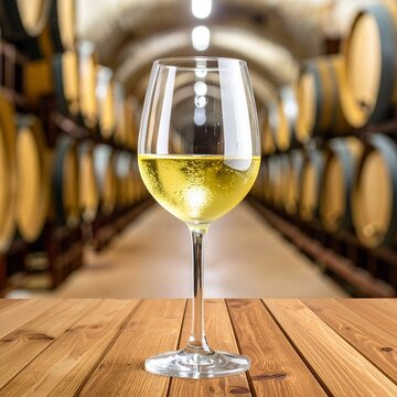 Glass of White Wine in a Winery Cellar with Barrels.