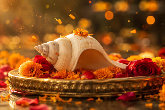 White Conch Shell Decorated with Flowers and Bokeh Lights photo image