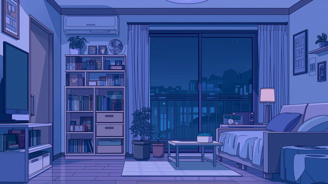 無人の室内をやさしい雰囲気で描いた夜の背景イラスト。窓、月、星、カーテン、ソファ、ベッド、机、椅子、本棚、収納、観葉植物、照明、テレビ、インテリア、住宅、暮らし、日常、生活空間、リビング、寝室、書斎、静けさ、休息、リラックス、背景素材、壁紙、挿絵、チラシ、広告、ブログ、SNS、配信背景に便利な素材