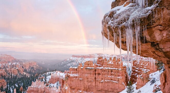 Winter red sandstone canyon with icicles, rainbow, and snowy hoodoos