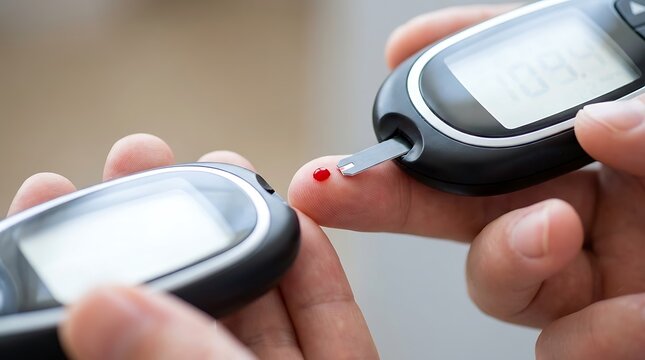 Person Tests Blood Glucose Level with Glucometer