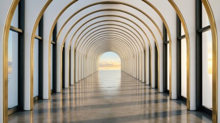 Obraz premium Modern Archway Hallway with Golden Border Leading to Sunny Horizon