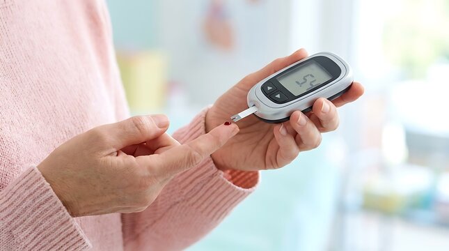 A person's hand holding a glucose meter and a finger pricked for a blood sugar test, indicating diabetes management.