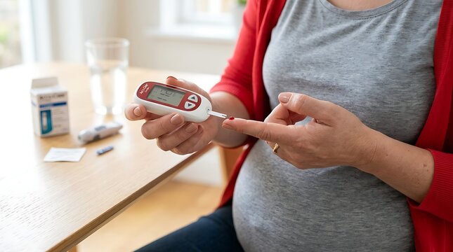 Pregnant woman checking her blood sugar levels with a glucose meter at home, monitoring for gestational diabetes.