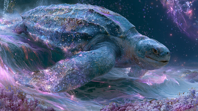 Bioluminescent leatherback sea turtle swimming through magical energy waves.