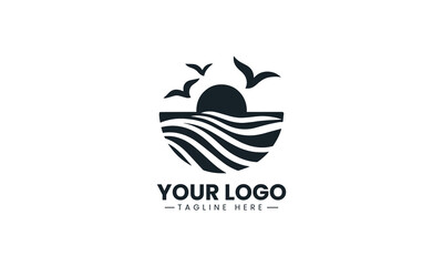 Fototapeta premium Minimalist sunset ocean wave black vector logo