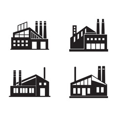 Obraz premium Four black and white factory building icons with chimneys and windows industrial architecture symbols industrial architecture symbols factory icons
