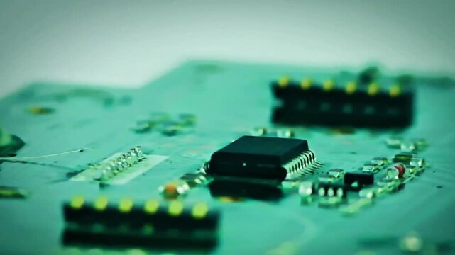 4K Macro Close Up Electronic Circuit Board PCB with Microchips and Components Shallow Focus