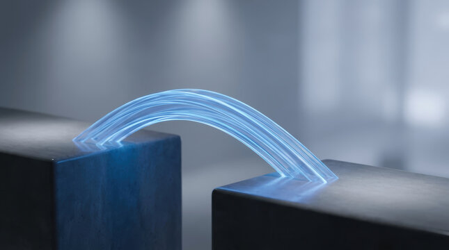 Abstract bridge connecting two dark blocks with glowing blue light in futuristic style, symbolizing connection and technology innovation