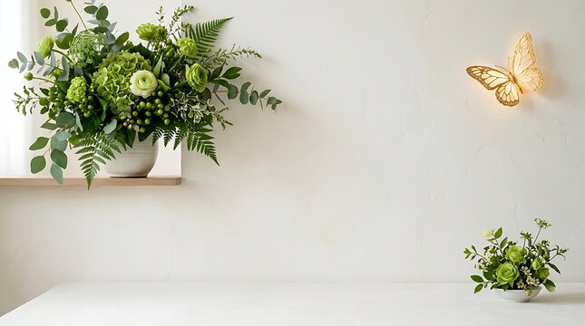 Lush green floral arrangements in ceramic pots displayed on a white table with a glowing gold butterfly wall light fixture