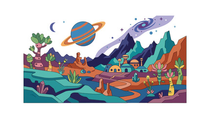 Alien Planet Landscape with Futuristic City and Saturn-like Planet © Natan