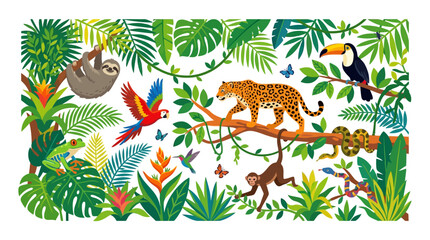 Fototapeta premium Amazon Rainforest Wildlife: Jaguar, Sloth, Toucan, Monkey, Parrot