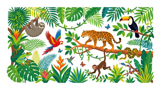 Amazon Rainforest Wildlife: Jaguar, Sloth, Toucan, Monkey, Parrot