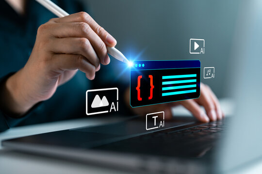 AI-powered coding interface on laptop with digital content generation tools, representing artificial intelligence, software development, multimodal AI, automation, programming, and innovation.