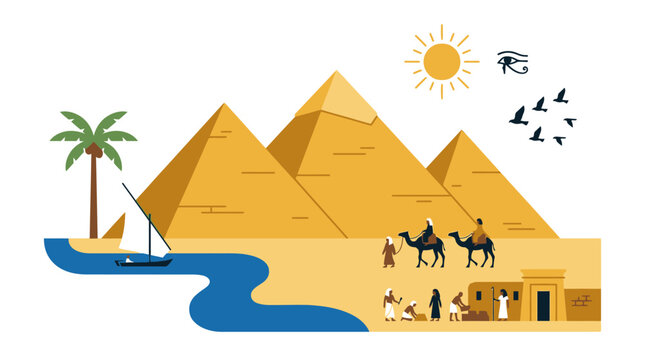 Ancient Egypt pyramids, camels, sailboat, desert landscape, illustration