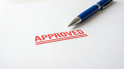Obraz premium Red approved stamp on white paper with a blue pen, isolated on white background.
