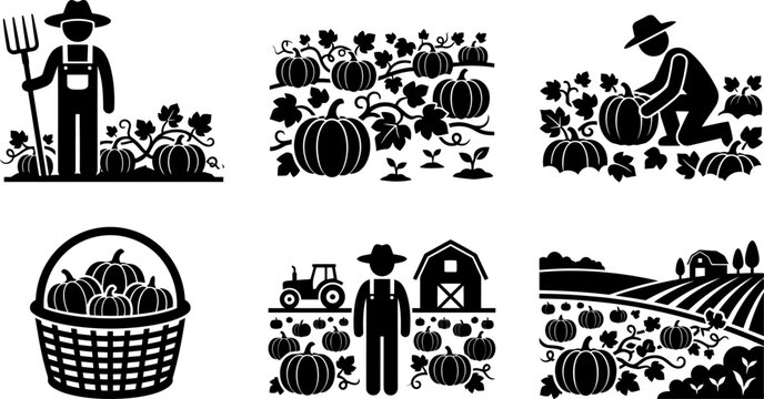 Pumpkin patch icons set with farmer harvesting gourds using wheelbarrow and basket surrounded by fields tractor and barn in autumn fall season agriculture symbols.