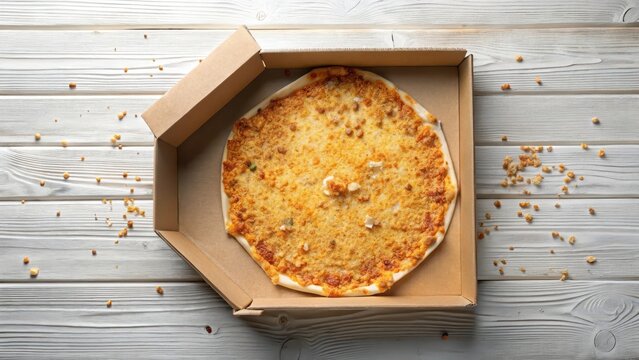 Empty pizza box with breadcrumbs on white wooden table flat lay view