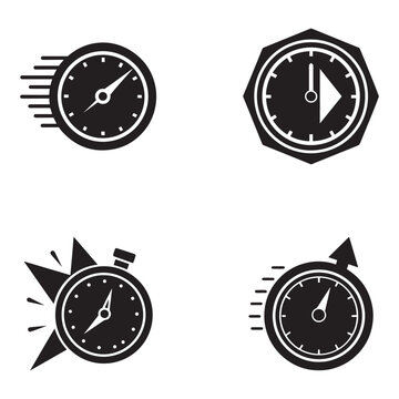 Four black and white stopwatch icons with speed and fast concepts on white background  speedometer and timer symbols for business and technology use