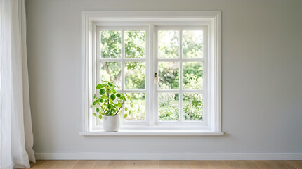 Fototapeta premium Modern window with a green potted plant on the sill.
