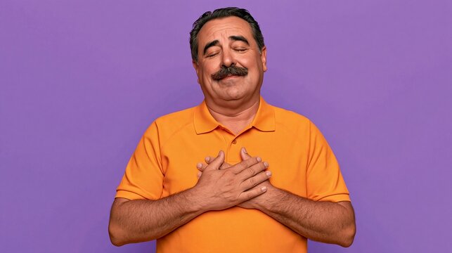 Man with mustache smiles warmly, hands over heart. He wears an orange t-shirt