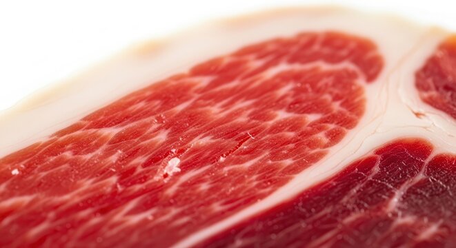 Macro view of raw cured Iberian ham slice.