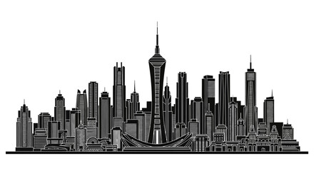 Fototapeta premium Modern City Skyline Silhouette with Tall Tower, Urban Architecture