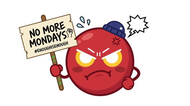 Angry Red Character Holding 'No More Mondays' Sign