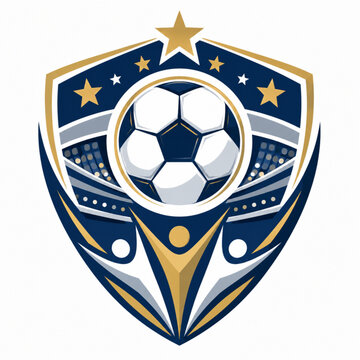 Soccer logo crest with football ball and gold stars. Professional sports team emblem vector. Athletic shield with abstract player figures.