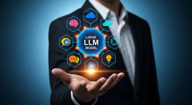 Businessman holding large language model LLM virtual interface with AI icons