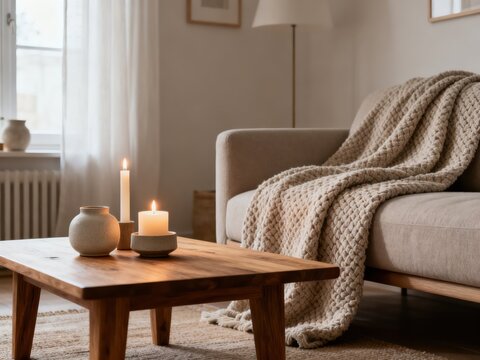 Cozy scandinavian living room with lit candles on a wooden coffee table and a textured blanket