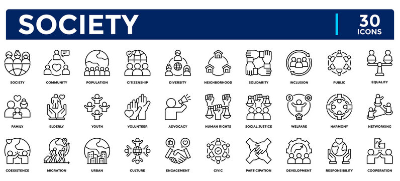 Society icon collection. Contains icons for community, culture, population, family, public, diversity, cooperation, neighborhood, responsibility, and networking.