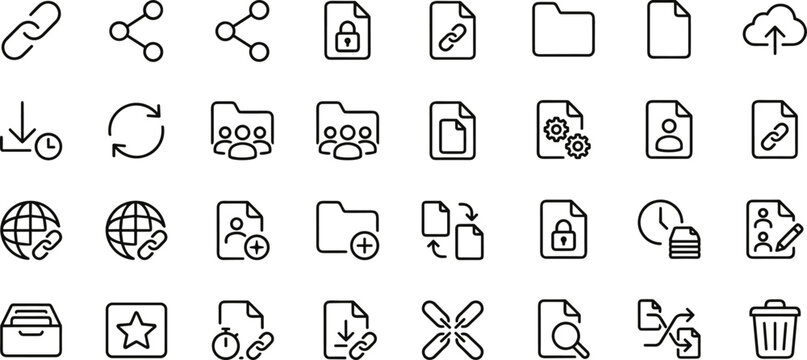 File sharing outline icon set with links, permissions, folders, cloud upload and secure document transfer symbols