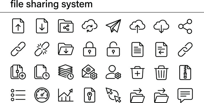 File sharing system outline icon set with upload, download, cloud transfer, links, security and document management symbols