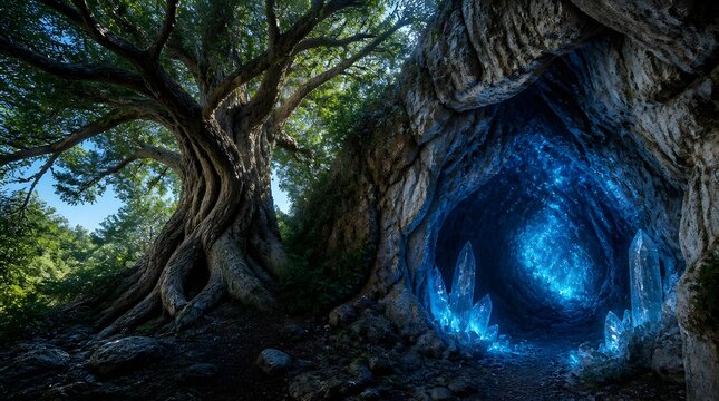 Ancient Tree and Glowing Crystal Cave in Mystical Forest Landscape