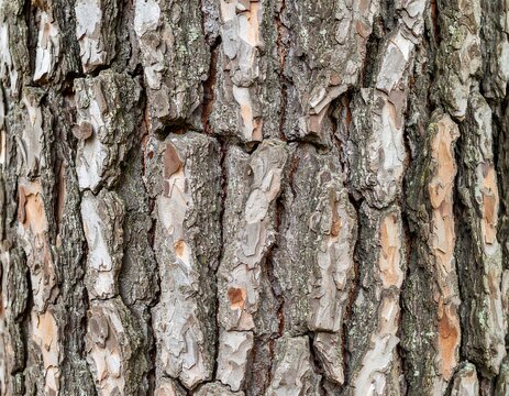 Close-up of a tree trunk with textured bark, showcasing ridges and a mix of brown, grey, and tan colors