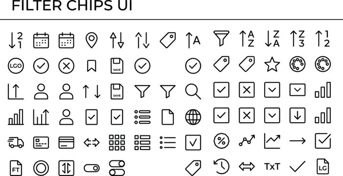 Filter chips UI outline icon set with sorting controls, tags, search, selection and data interface symbols