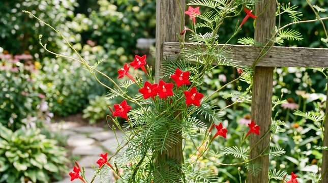 A garden trellis supports a lush vine of Cypress Vine (*Ipomoea quamoclit*), showcasing numerous bright red star-shaped flowers.