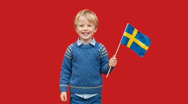 Happy blonde boy holding a Swedish flag. Cheerful child celebrating National Day of Sweden in a blue Scandinavian sweater. Studio portrait on a red background