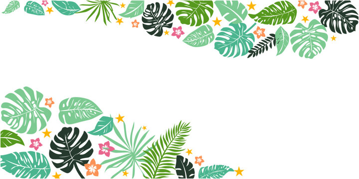 Summer tropical illustration. Summer green and tropical leaves decorative illustration for summer background, banner, graphic design, summer time vector illustration.