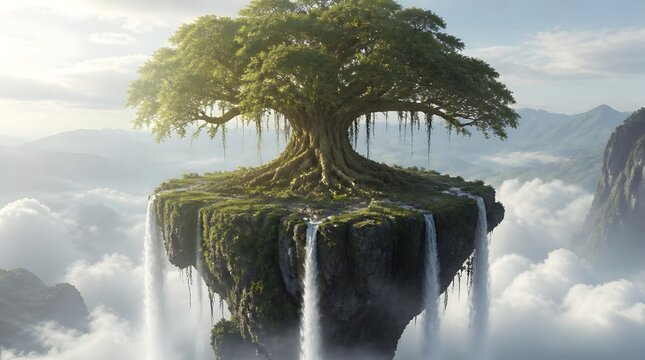 Floating island with ancient tree and waterfalls in a mystical sky landscape