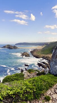 Scenic coastal geology of Robberg marine and nature reserve in Plett. Vertical