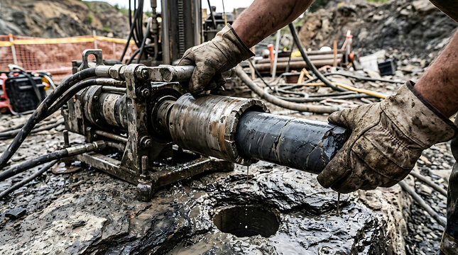 Worker operating drilling equipment at construction site
