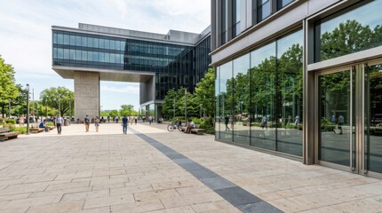 Modern Office Building Architecture with Pedestrian Plaza and Greenery in Summer