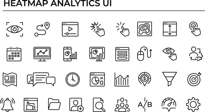 Heatmap analytics user interface icon set with outline web data tracking dashboard marketing and usability symbols